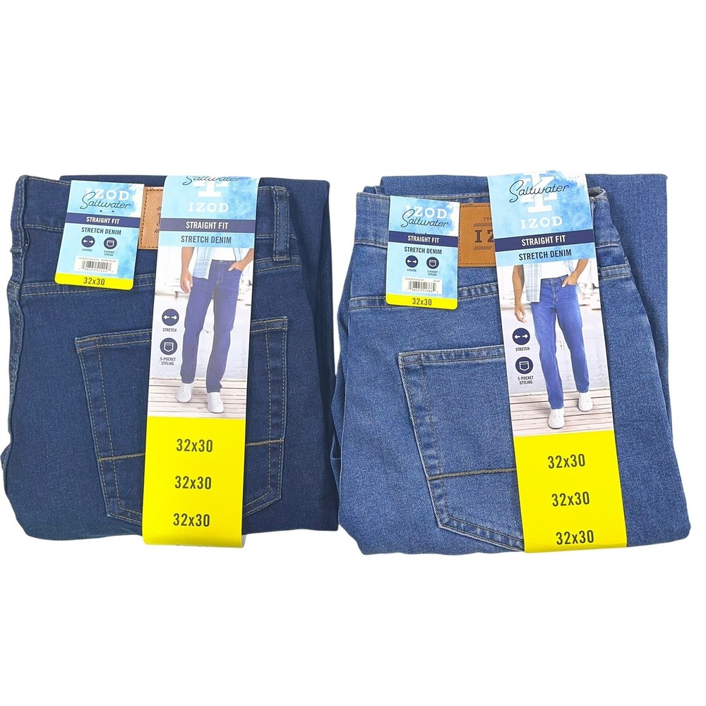 IZOD Saltwater Mens Straight Fit Stretch Denim Jeans 32x30 Blue 2 Pair NWT